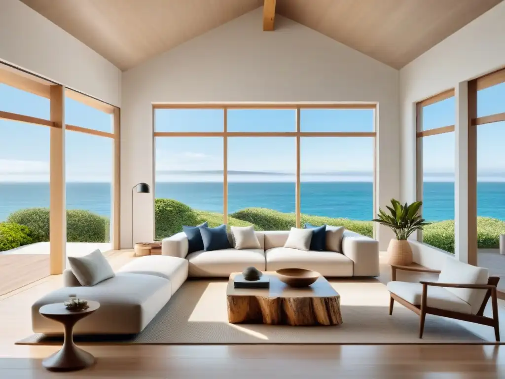 Salón costero minimalista: elegancia serena junto al mar Una sala de estar costera elegante y serena, con decoración minimalista y vista al mar