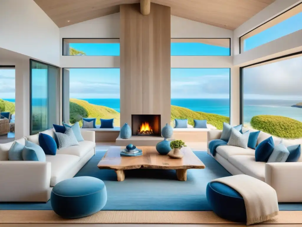 Salón costero de lujo con vistas al mar Sala de estar costera exclusiva con vistas al mar, decorada en tonos neutros y toques de azul y beige