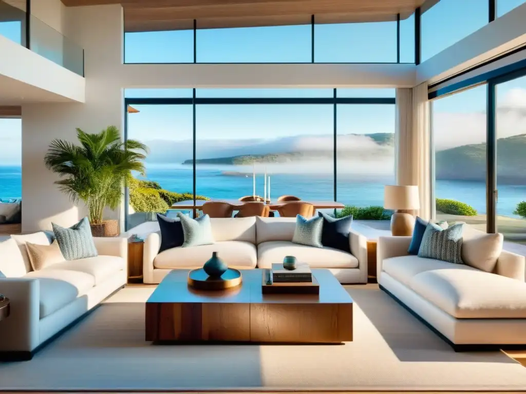 Sala de estar costera de lujo con vistas al mar: diseño moderno y elegante Sala de estar costera lujosa con vistas al mar, decoración exclusiva en tonos neutros y detalles costeros