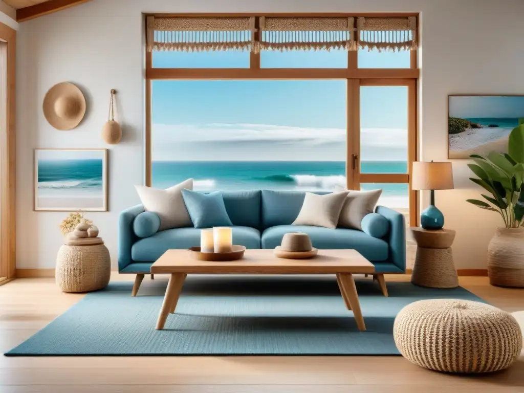 Salón costero sereno con vista al mar y decoración natural Sala costera serena con elementos naturales: decoración costera con elementos naturales en tonos neutros y azules suaves