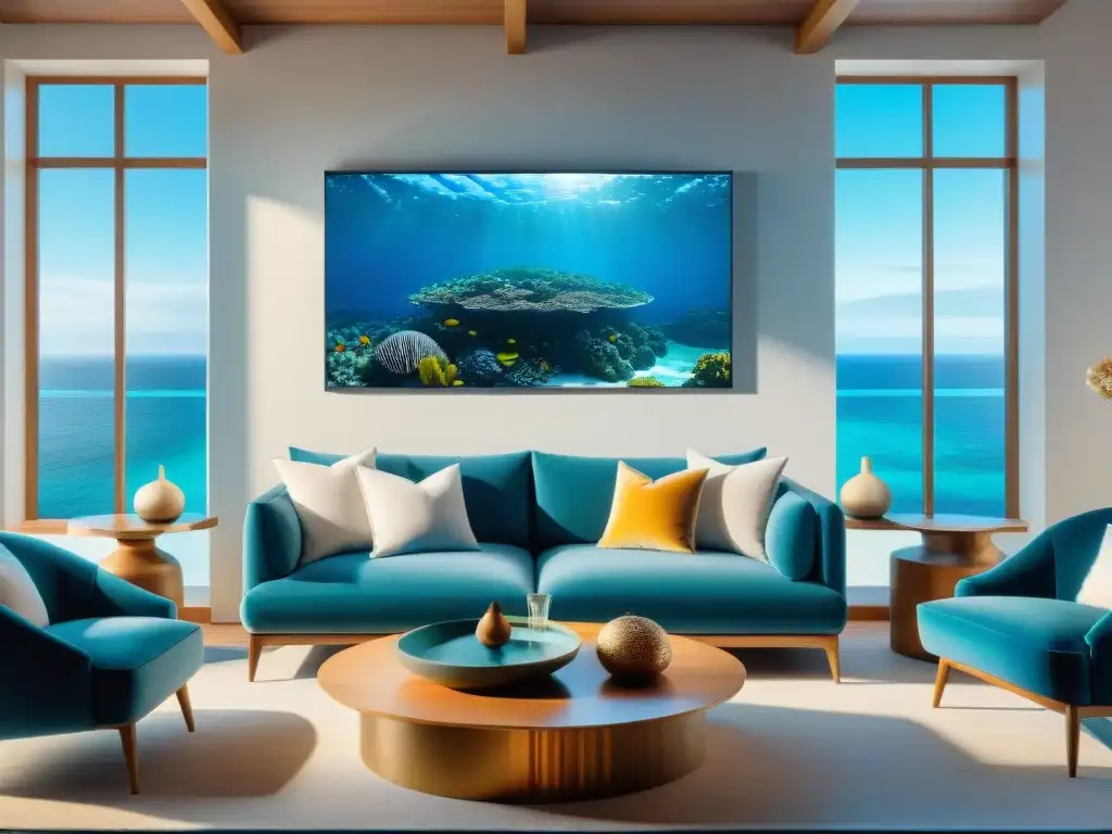 Salón costero de lujo con arte marino vibrante Una sala costera serena con obras de arte decoración costera y vista al mar