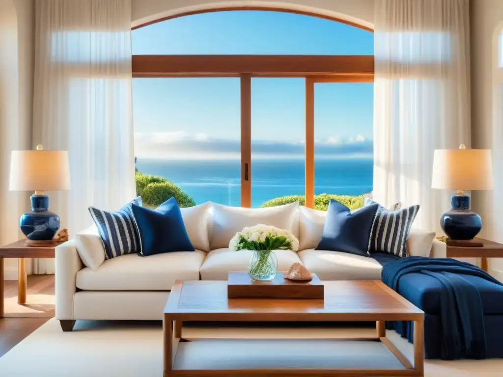 Salón costero bañado por la luz del sol con vista al mar Una sala de estar junto al mar, decorada con elementos marinos, bañada por la luz del sol creando un oasis tranquilo