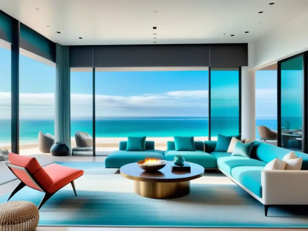 Salón de lujo frente al mar con moderna decoración costera Sala de estar lujosa en la playa con decoración moderna para casa playa y vista panorámica al mar