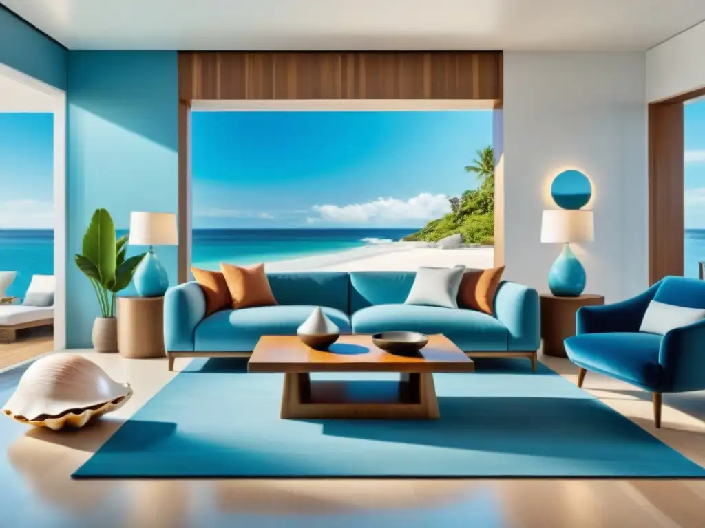 Sala de estar moderna junto al mar con realidad virtual Una sala moderna frente al mar, con realidad aumentada y decoración costera en tonos azules y blancos