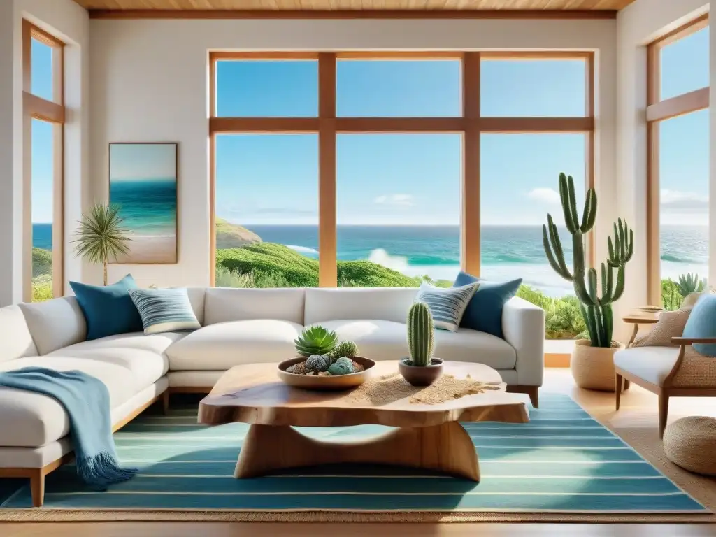 Sala costera serena con vista al mar y detalles naturales Un salón costero bañado por el sol, con decoración costera y elementos naturales