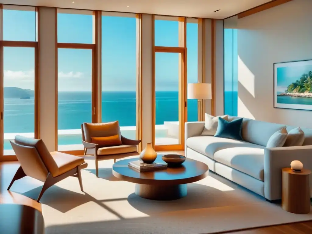 Elegante sala costera con vista al mar Un salón costero bañado por el sol con muebles de diseñador para propiedades costeras