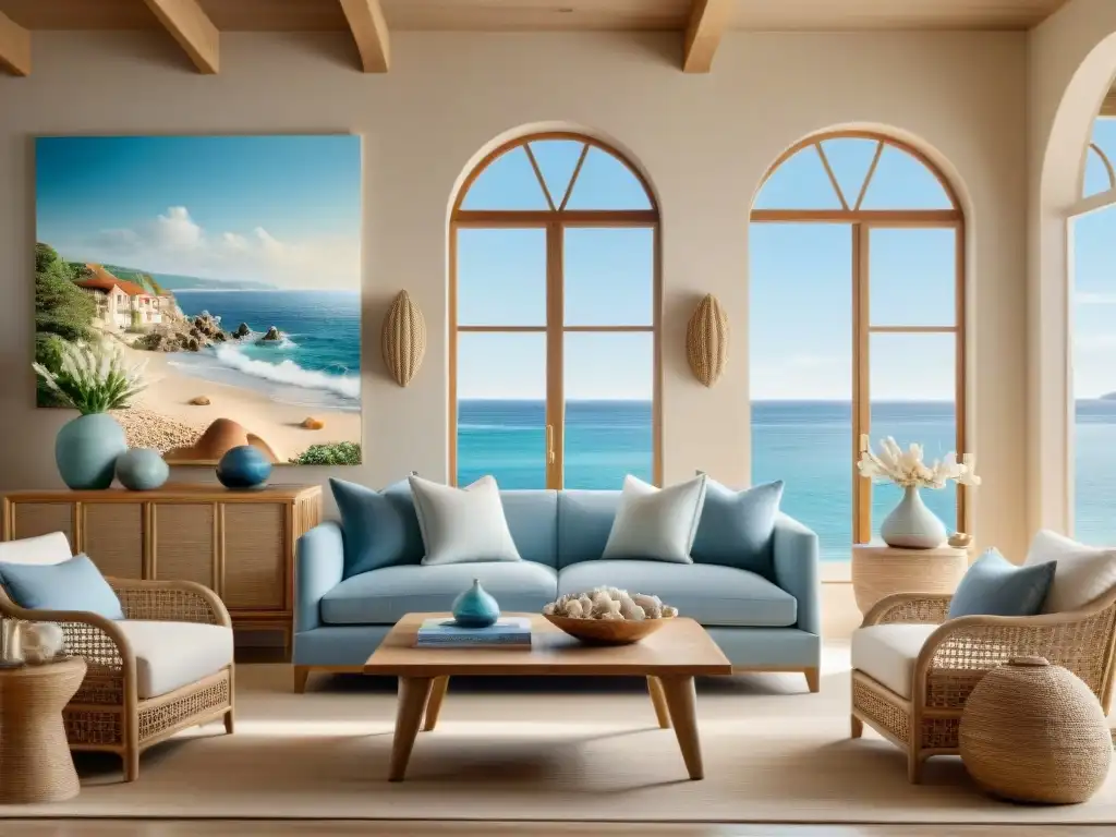 Diseño costero: Sala de estar junto al mar con decoración serena Un salón costero bañado por el sol con materiales naturales en su diseño, vista al mar y una decoración serena