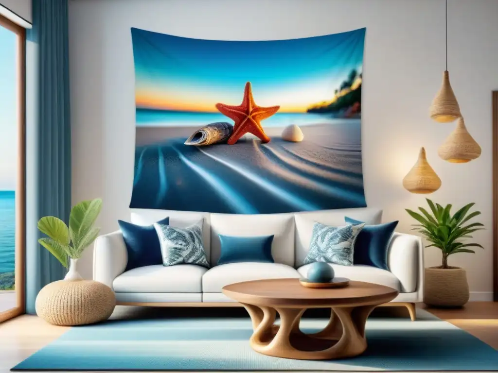Salón costero con tapiz marino y decoración elegante Un salón costero con elementos marinos: tapestry, cojines a rayas y mesa de madera a la deriva, en un diseño interior con elementos marinos
