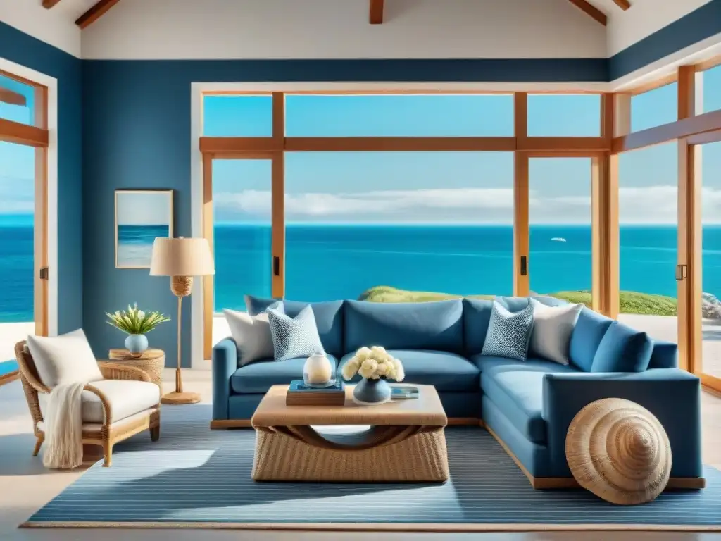 Salón costero de lujo: elegancia náutica en azules y blancos Salón costero exclusivo con decoración en tonos suaves y detalles náuticos elegantes