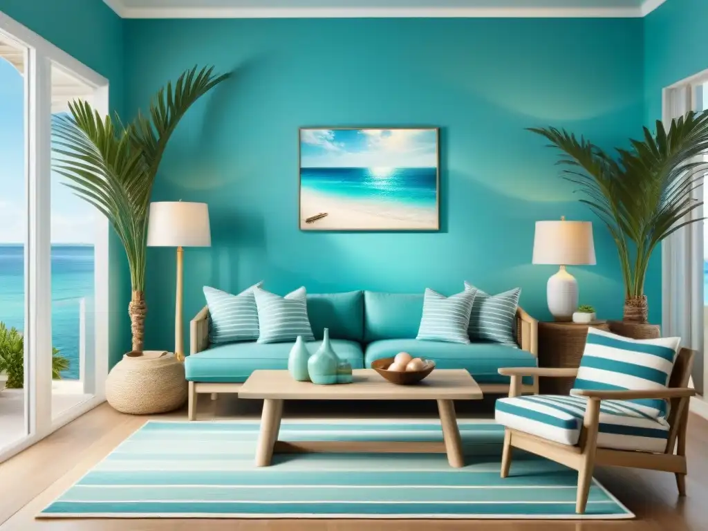 Salón costero sereno con vistas al mar turquesa Un salón costero iluminado por el sol con vistas al mar turquesa, decorado con detalles marinos y muebles en tonos arena y verde mar