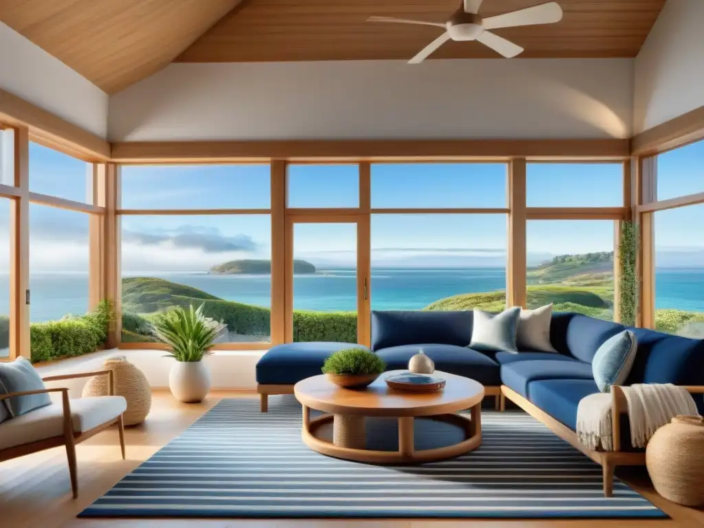 Sala costera moderna con vistas al mar: decoración náutica y acogedora Un salón costero impresionante con diseño de interiores costeros tendencias: paredes blancas, detalles azules y vistas al mar
