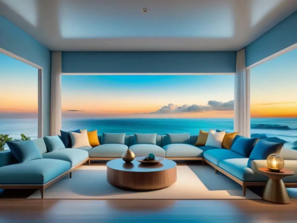 Salón costero: arte marino y serenidad Un salón costero lleno de obras de arte decoración costera, con vista al mar al atardecer