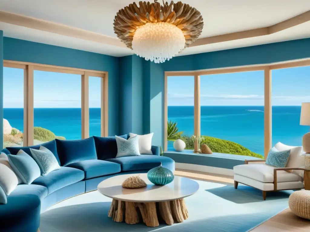 Salón costero de lujo: sofisticación en azul y blanco Salón costero de lujo con decoración de alta gama, sofá de terciopelo azul, mesa de madera a la deriva y lámpara de conchas