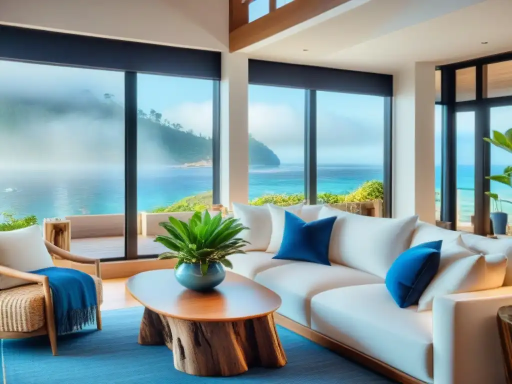 Sala de estar costera de lujo con vista al mar y decoración náutica Un salón costero de lujo maximiza la luz natural con ventanales al mar, sofá blanco y toques azules náuticos