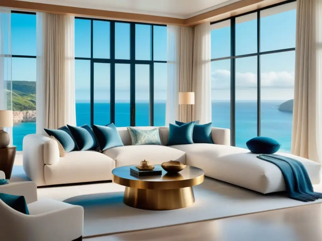 Sala de estar costera de lujo con textiles elegantes y a prueba de clima Salón costero de lujo con textiles elegantes y clima marino, perfecta integración