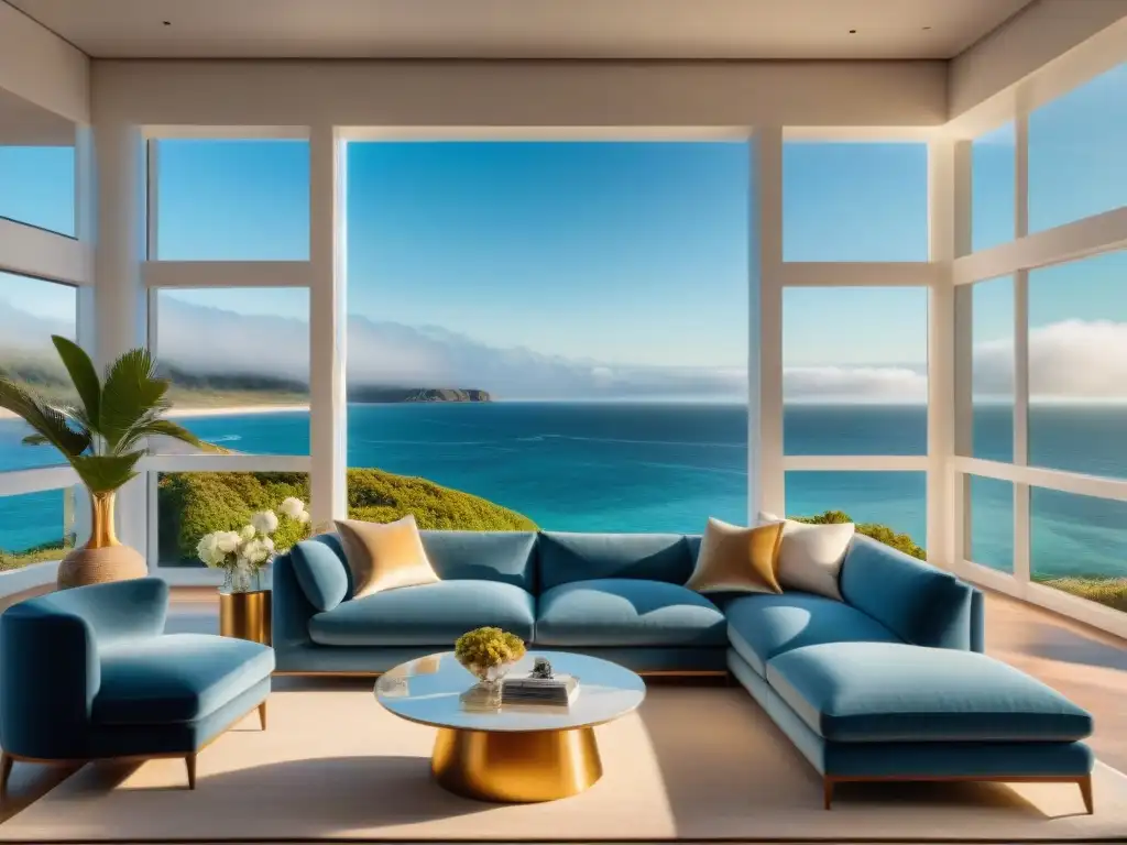 Sala de estar costera de lujo: sofisticación frente al mar Un salón costero lujoso con colores tranquilos y toques de lujo, vista al mar