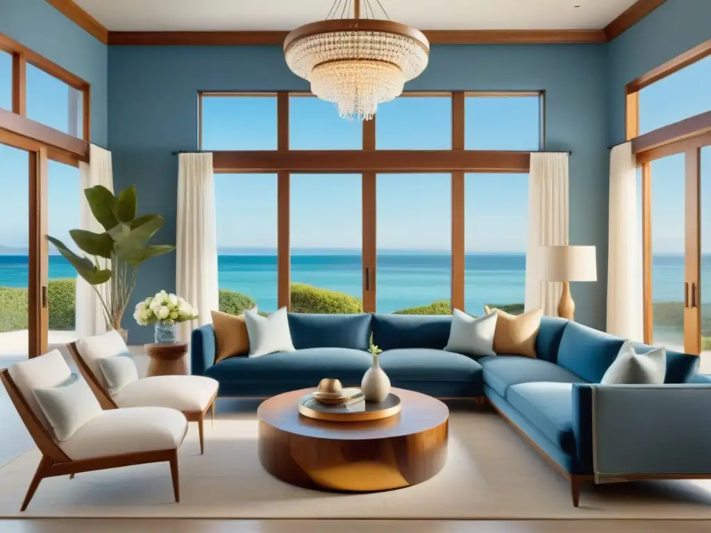 Sofisticada sala costera con toques modernos y clásicos Un salón costero lujoso con elementos modernos y clásicos en decoración hogar costero elementos modernos