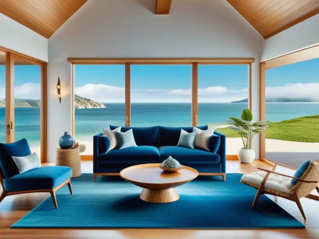 Sala de estar costera de lujo con temática náutica Salón costero lujoso con temática náutica: sofá azul, alfombra de esparto, decoración marítima y vista al mar