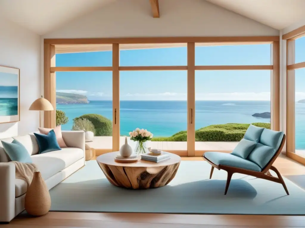 Salón costero de lujo con vistas al mar Salón costero lujoso maximizando luz natural con decoración minimalista en tonos pastel y elementos marinos