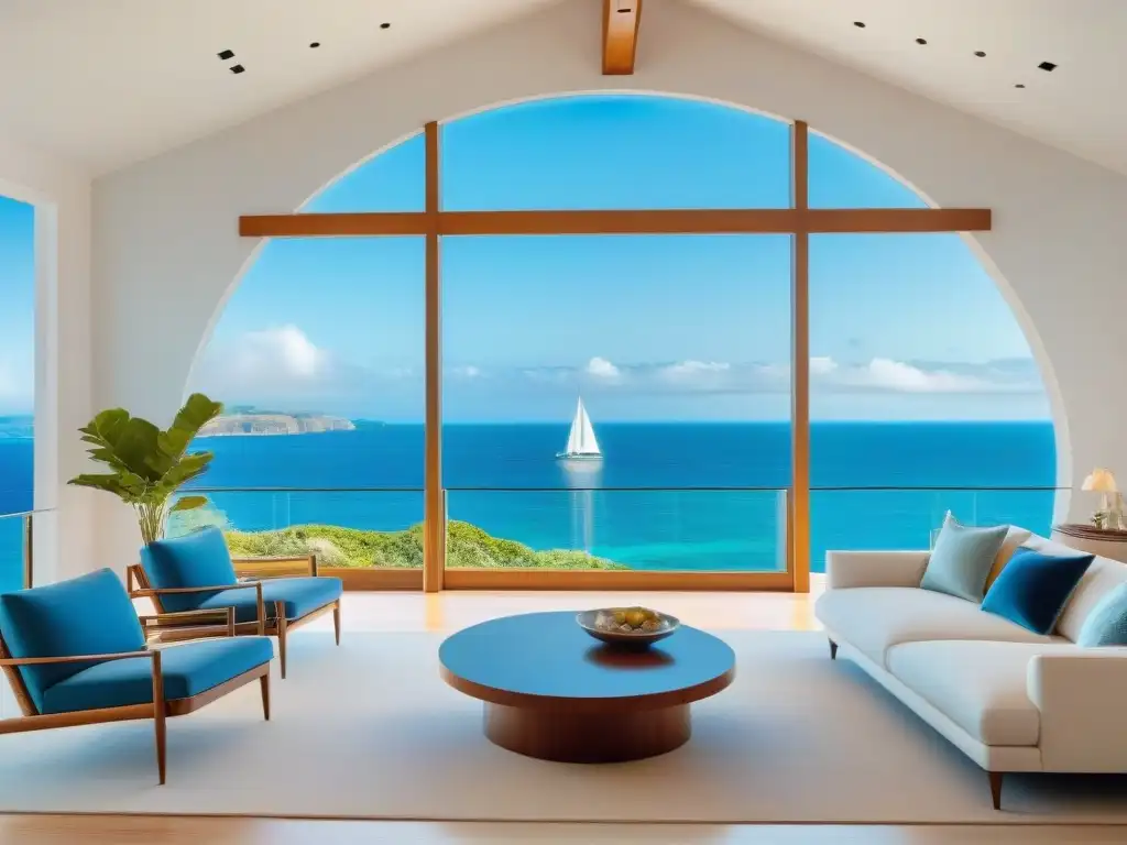 Espectacular sala con vista al mar y luz natural Un salón costero luminoso con vista al mar, decorado con elegancia y estilo náutico