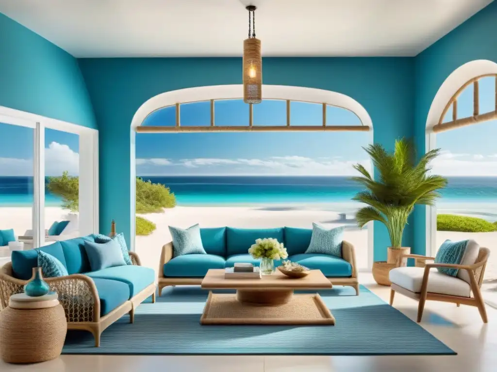 Salón costero chic: ventana panorámica a la playa Un salón costero moderno con tendencias 2023: ventana panorámica, arena blanca, aguas turquesas y decoración náutica