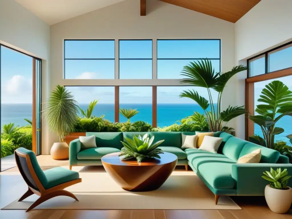 Salón costero tropical: plantas exuberantes y luz solar Un salón costero con plantas decorativas exuberantes en macetas, creando una atmósfera tropical serena y luminosa