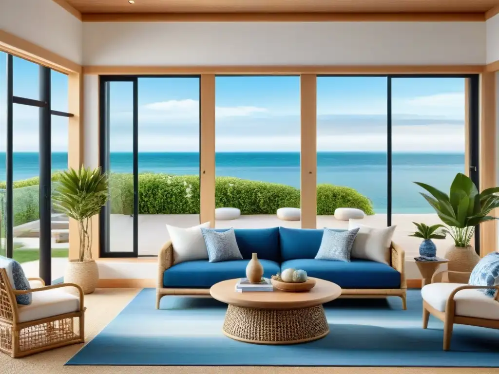 Serenidad costera: sala feng shui en azules y blancos Un salón costero sereno con diseño en azul y blanco, elementos de feng shui y vista al mar