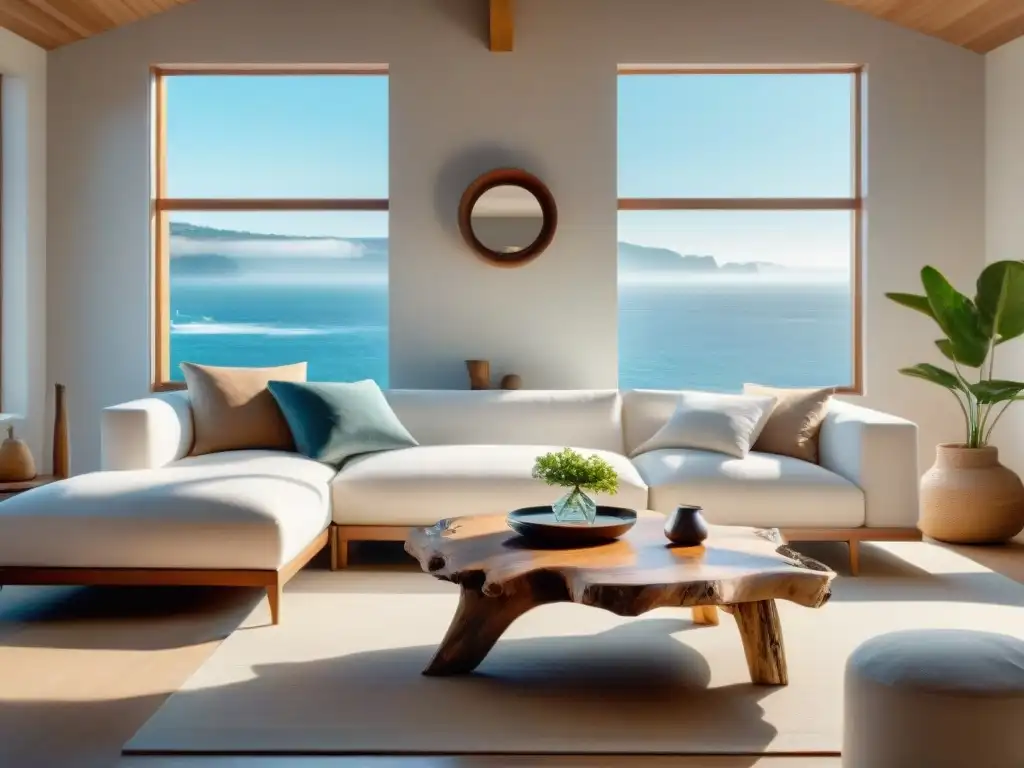 Salón costero sereno: minimalismo y encanto marino Salón costero sereno con decoración minimalista para hogar costero