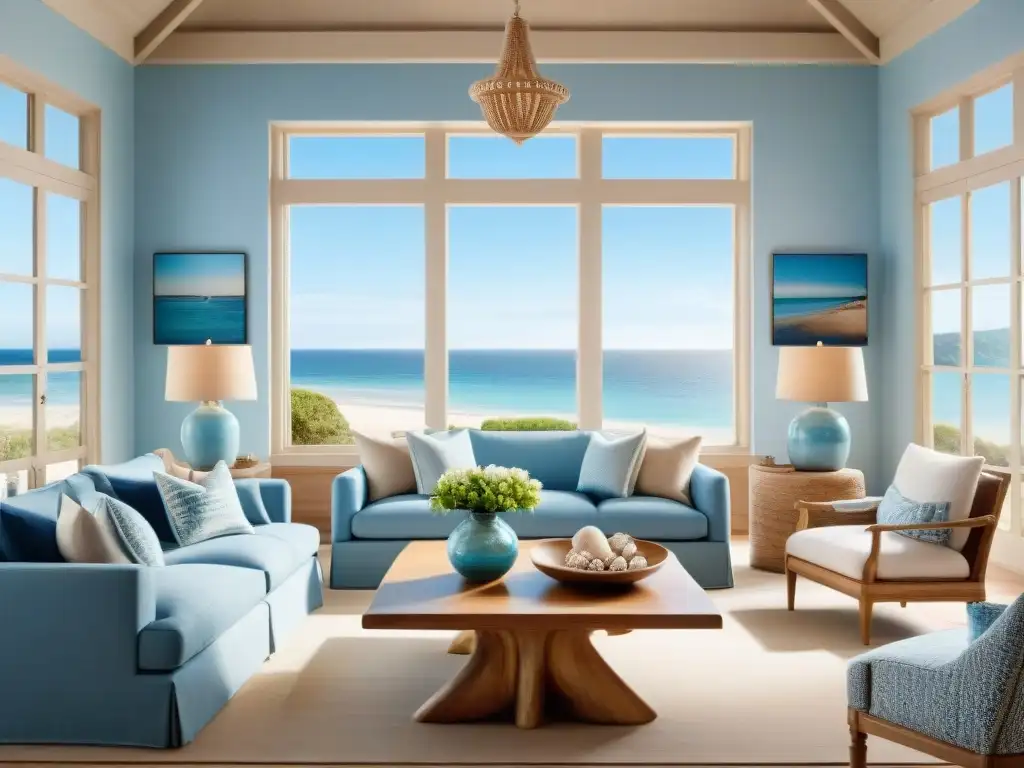 Salón costero sereno con vista al mar Un salón costero sereno con paleta de colores hogar costero, ventanales al mar, decoración náutica y luz natural