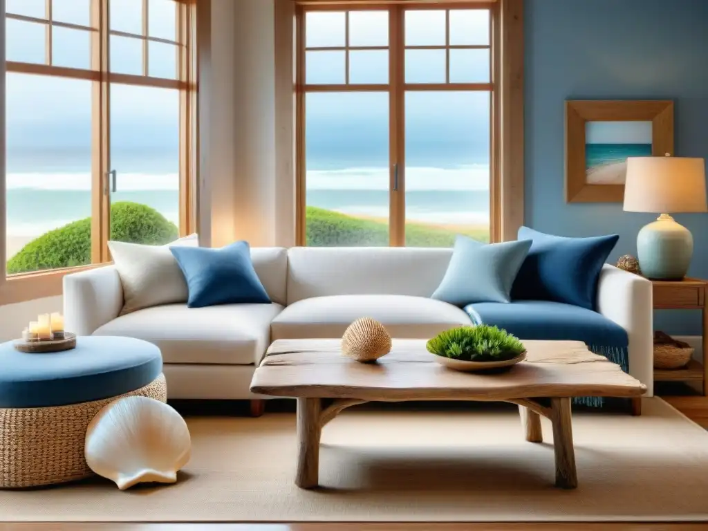 Salón costero sereno con vista al mar y decoración náutica Un salón costero sereno con paredes de color beige arena, arte de conchas enmarcadas, sofá blanco y mesa de café de madera a la deriva