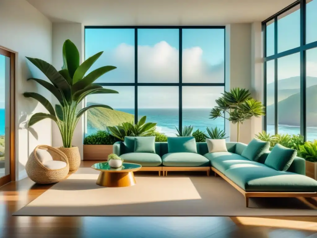 Salón costero sereno con plantas exuberantes Un salón costero sereno con plantas decorativas vibrantes como palmeras y suculentas en modernos maceteros
