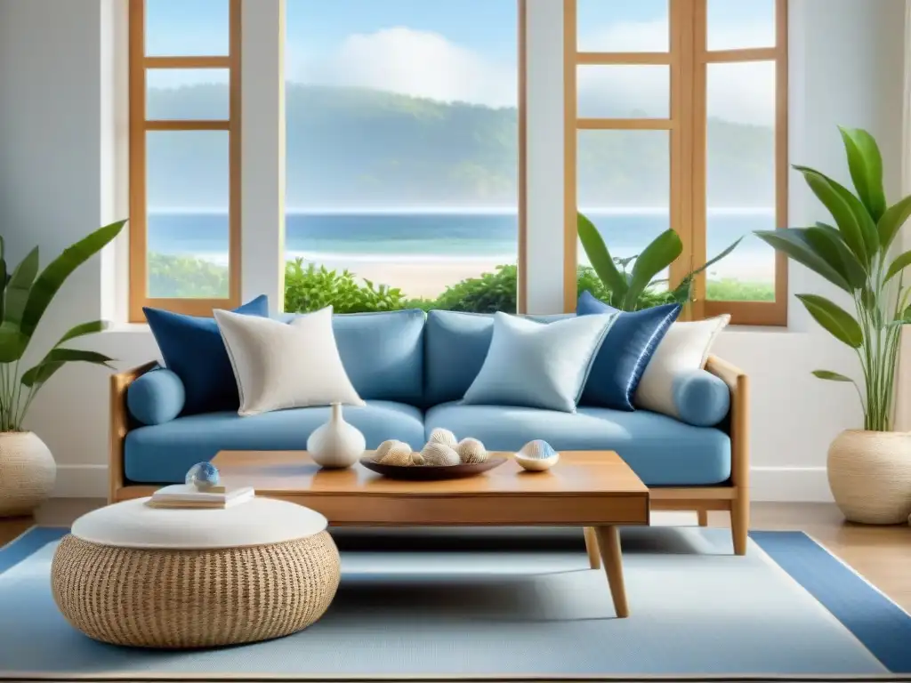 Sala costera serena: armonía y tranquilidad con Feng Shui Salón costero sereno con diseño Feng Shui: ventana con vista al mar, sofá acogedor, mesa de bambú y plantas para armonía y tranquilidad