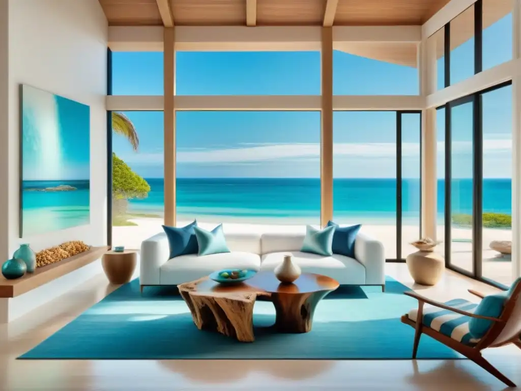 Salón costero de lujo con vista a la playa Un salón elegante con vista a la playa, decoración costera exclusiva