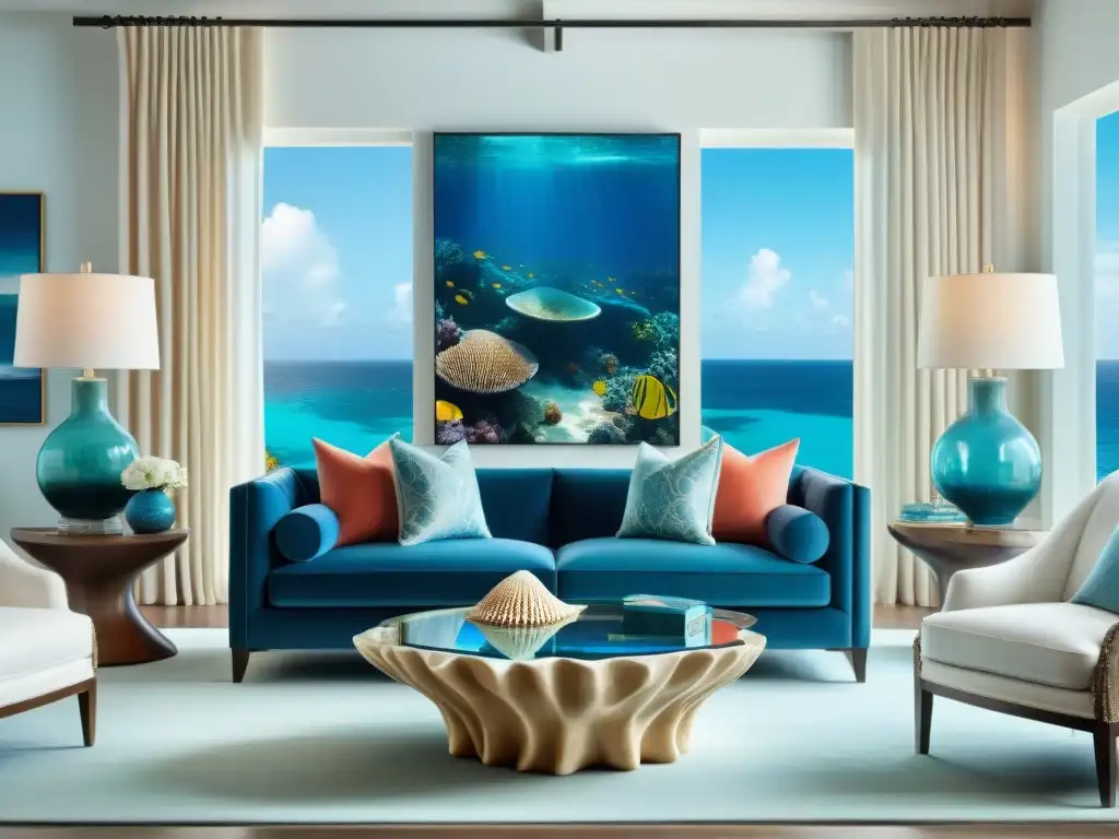 Salón costero de lujo: sofá azul océano, vistas al mar Un salón lujoso inspirado en el mar, con telas inspiradas en el cambio de espacio