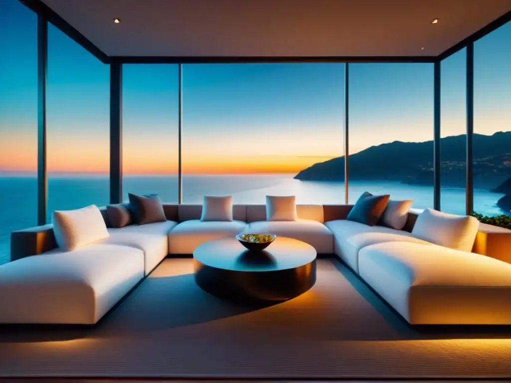 Sala de estar moderna con vistas al mar al atardecer Salón moderno con iluminación inteligente para propiedades costeras al atardecer