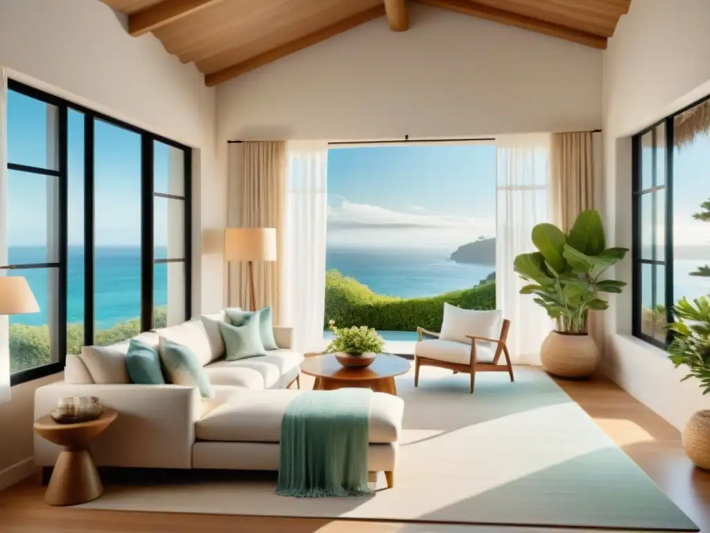Serenidad costera: Sala de estar con vista al mar Un salón tranquilo con vista al mar, con telas inspiradas mar cambiar espacio