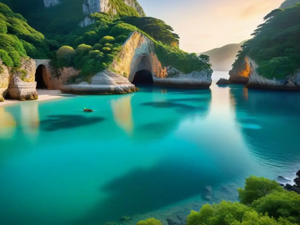 Paraíso costero secreto: aguas turquesas y cuevas ocultas Secreto costero: bahía escondida, aguas turquesa, acantilados verdes y cuevas ocultas, accesibles solo en bote