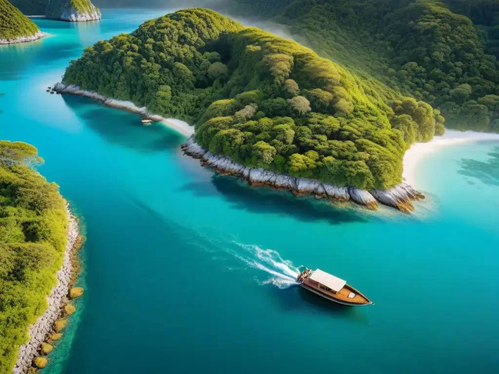 Paraíso costero: aguas turquesas y bosque verde Secreto mejor guardado: costa serena, aguas turquesa, bote navegando en tranquilidad bajo el sol dorado