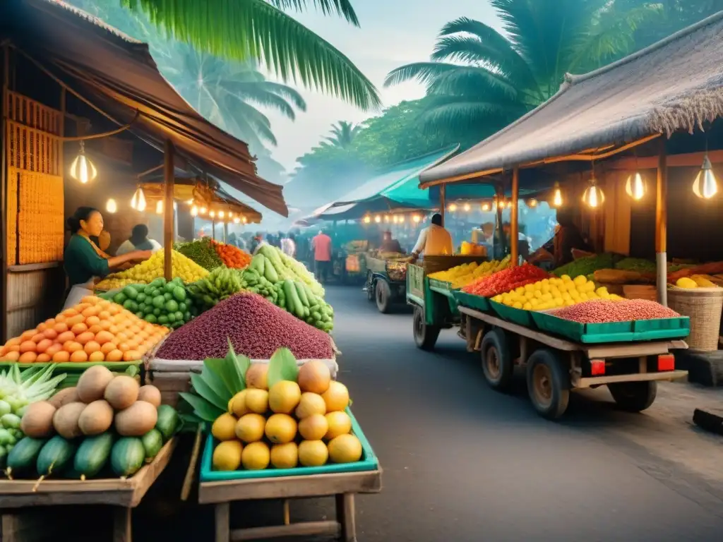 Mercado tradicional indonesio: aromas y colores vibrantes Descubre los secretos gastronómicos de las islas costeras en un bullicioso mercado tradicional de Indonesia