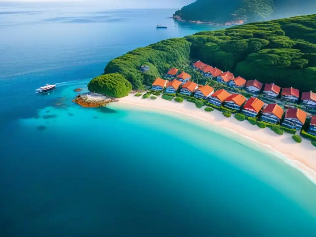 Paraíso costero: casas rojas frente al mar Segundas residencias costeras teletrabajo: Pintoresco pueblo costero con casas rojas junto al mar y naturaleza exuberante