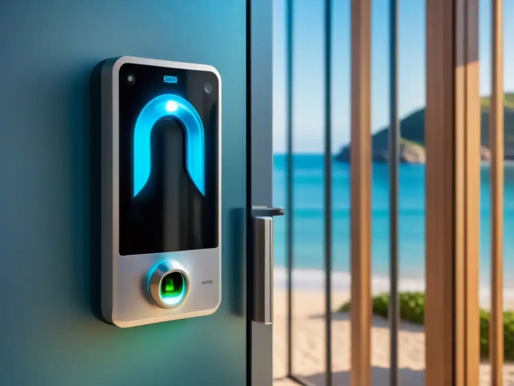 Escáner biométrico en hogar costero: seguridad y serenidad Seguridad biometría hogar costero: Escáner de huellas digital en puerta moderna junto al mar