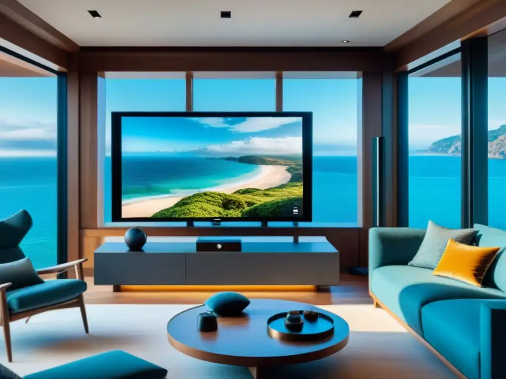 Seguridad hogar moderno en casa costera: cámaras, panel táctil y más Seguridad en hogar costero con tecnología: moderno sistema de seguridad instalado en residencia junto al mar