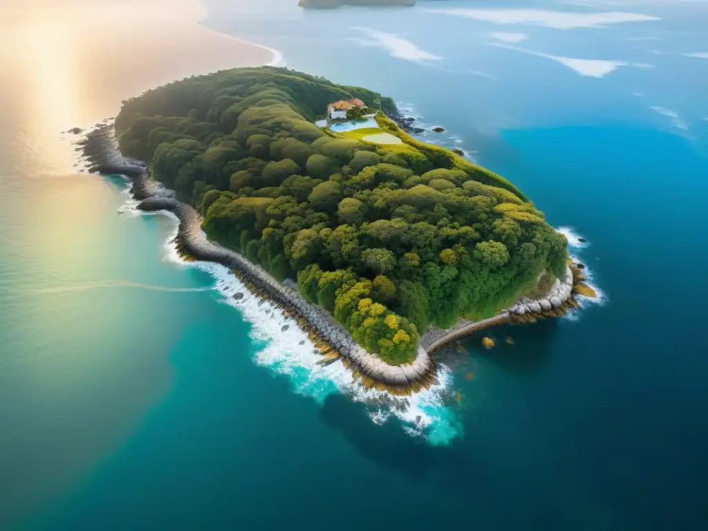 Resiliencia costera: defensas naturales y belleza serena Seguros para propiedades costeras: vista aérea impresionante de defensas marinas y naturaleza exuberante frente al océano azul