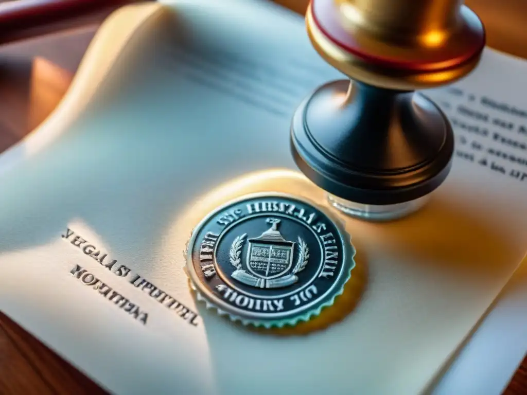 Sello de notario en documento legal: detalle profesional Un sello notarial detallado presionado en un documento legal, con luz natural suave