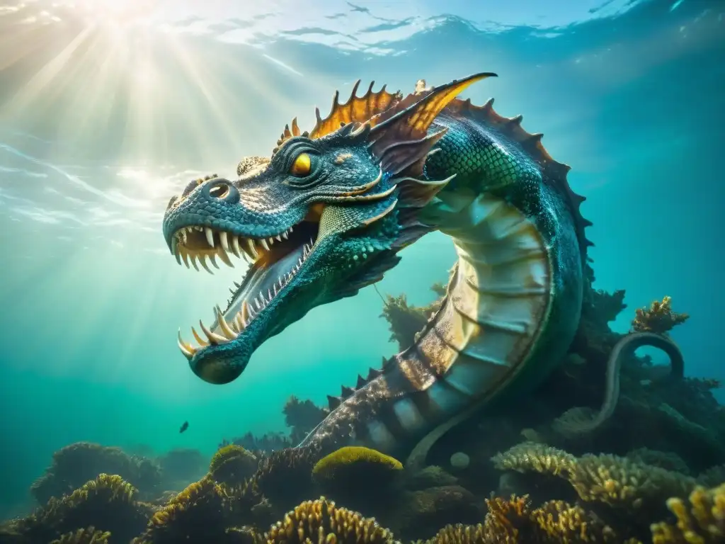 Imponente ser marino emergiendo entre naufragios y algas Un ser marino mítico emerge entre algas y naufragios, fusionando leyendas mitología marina costas
