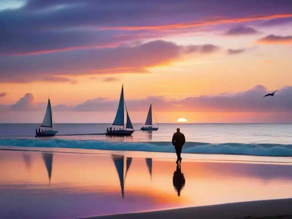 Romance costero: atardecer sereno con pareja y veleros Una serena puesta de sol en la costa con colores vibrantes reflejados en el mar, evocando la vida junto al mar, propiedades costeras