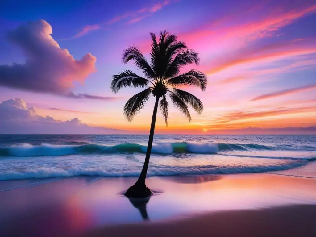 Atardecer sereno: paisaje costero con palmera en silueta Una serena puesta de sol sobre el océano, con tonos anaranjados, rosados y morados