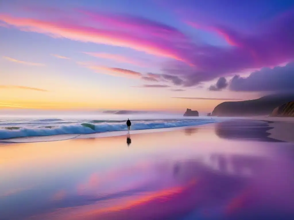 Atardecer sereno en playa: familia camina bajo cielo rosado Una serena puesta de sol en la playa con una familia caminando, reflejada en la arena mojada