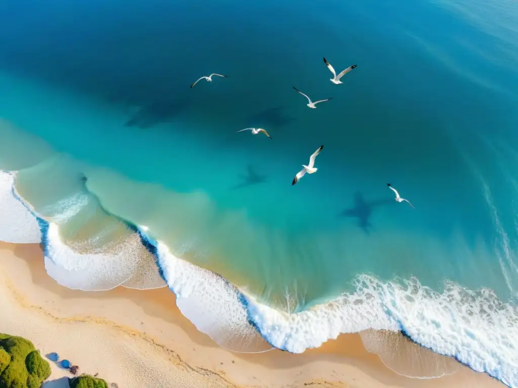 Costa serena: belleza y tranquilidad en el mar azul La serenidad del mar: aguas calmadas, playa dorada y gaviotas