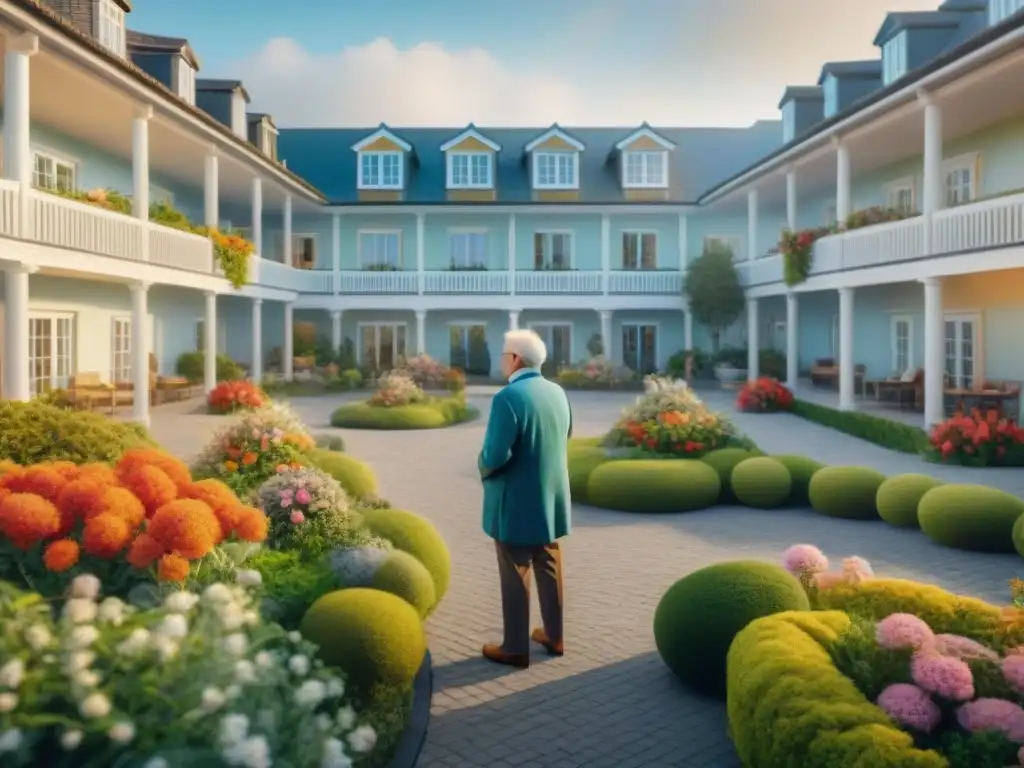 Jardín sereno y colorido en residencia de ancianos junto al mar Jardín sereno y colorido en casa de retiro perfecta costa, con residentes disfrutando actividades tranquilas